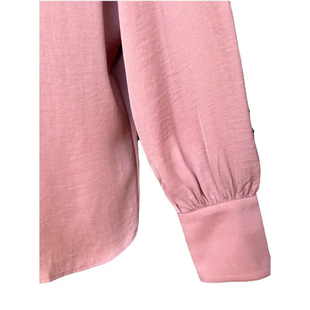 Banana Republic Pink Satin Blouse Size Med V-Neck Pleated Puff Long Sleeve Top